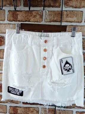 LITZ BY UNIQ White SHORT DISTRESSED  Denim Frayed MiNi Punk SKIRT Women's SIZE S